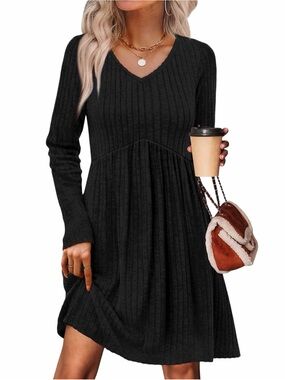 Women's Black V-Neck Ribbed Long Sleeve Swing Dress